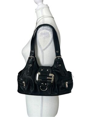 Y2K Style Black Faux Leather “G” Shoulder Bag with Silver Hardware